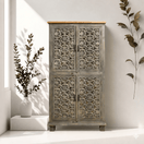 Switch Carved Wooden Cabinet, Hand Carved Storage Cabinet, Boho Wooden Cabinet, Rustic Wooden Armoire, Accent Storage Cabinet, Decorative Wooden Cupboard, Vintage Style Cabinet, Wooden Wardrobe Cabinet, Carved Door Cabinet,  1 image