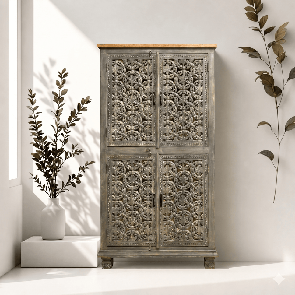 Premium Hand Cut Work hardwood storage Cabinet with antique finish