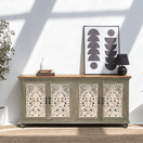 Switch Rustic White Dining Credenza Muscat, Solid Wood Hospitality Furniture UAE, Antique Finish 4 Door Sideboard, Luxury Arabic Interior Storage Cabinet, White Distressed Wood Credenza Dubai,  2 image