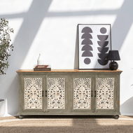 Hand carved mango wood dining room credenza style sideboard with 4 doors & mirror frame