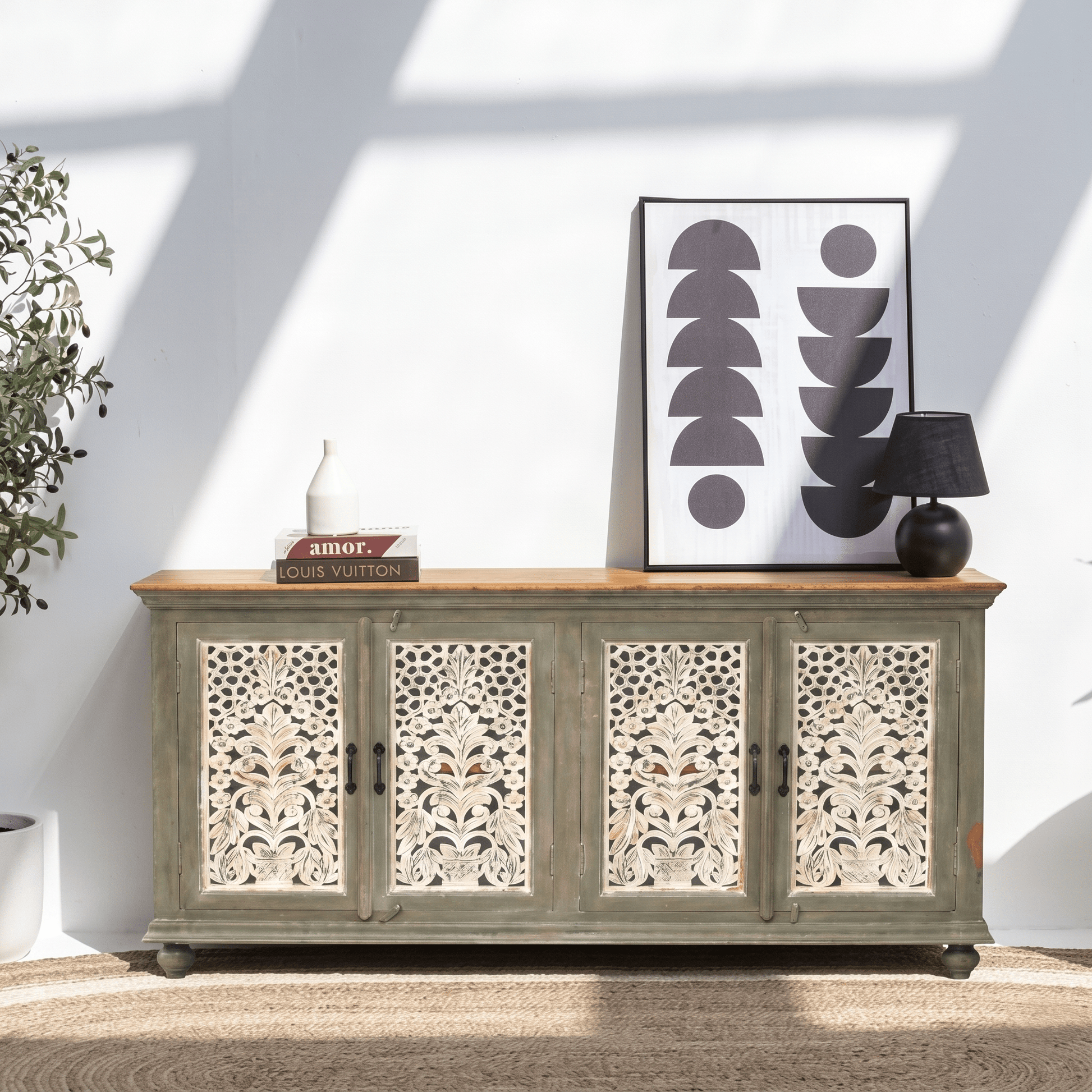 Hand carved mango wood dining room credenza style sideboard with 4 doors & mirror frame