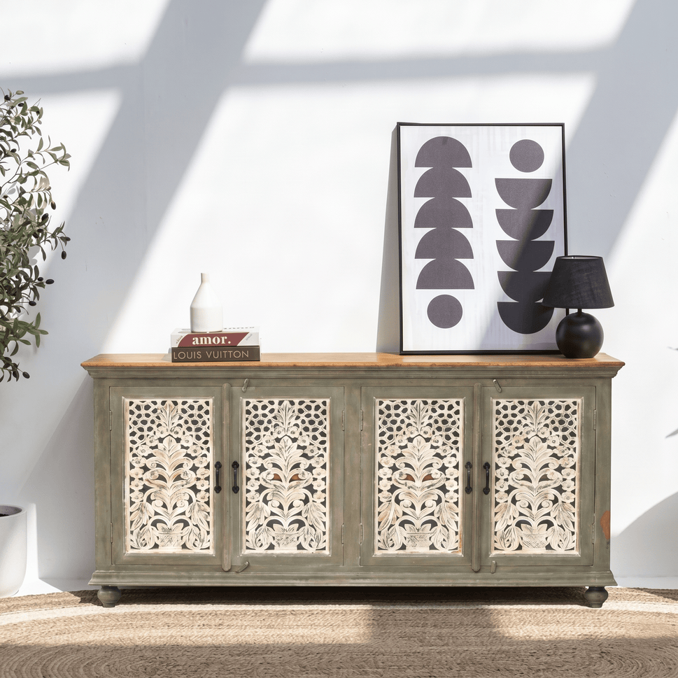 Hand carved mango wood dining room credenza style sideboard with 4 doors & mirror frame