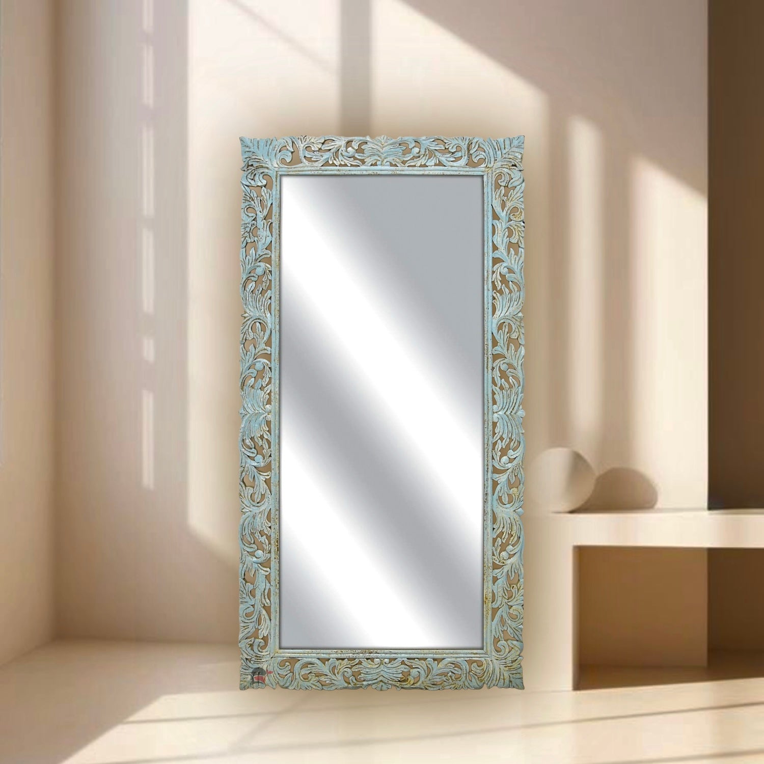 Florina Leaner Solid Mango Wood Mirror Frame – Rustic Blue Finish | UAE