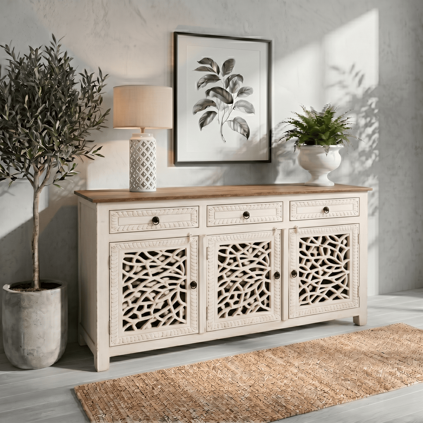 Door Sideboard Qatar, Living Room Wooden Buffet UAE, Dining Room Solid Wood Sideboard Abu Dhabi,Handicrafted white rustic fish sideboard,Vintage side cabinet,3 drawers buffet table,3 door real wood side console table,