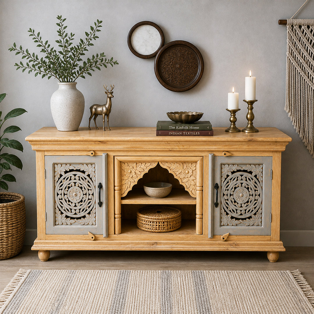 Elegant Wooden TV Stand with Carved Doors & Shelves UAE | Dubai