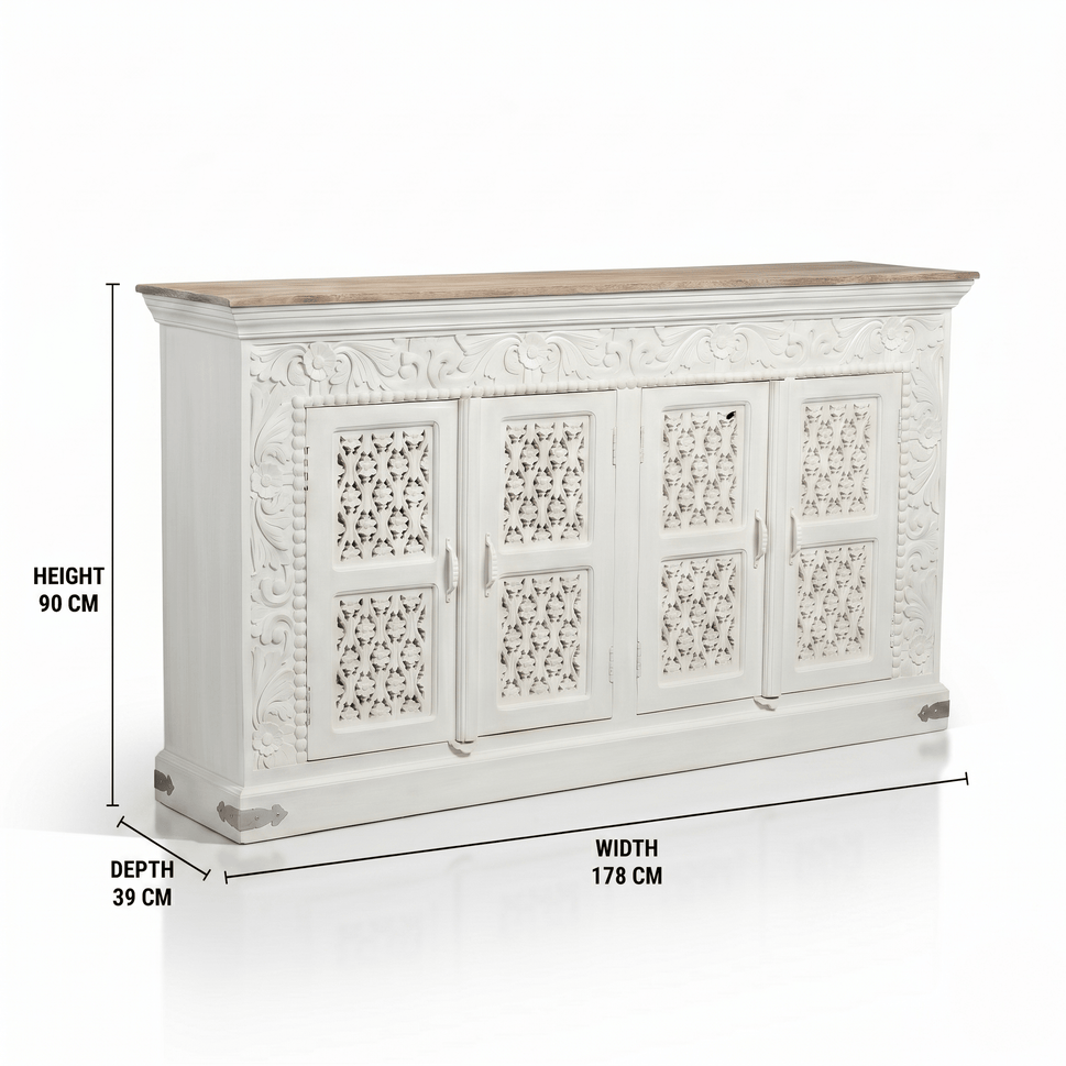 Solid mango wood hand carved 4 doors sideboard cabinet - rustic store console