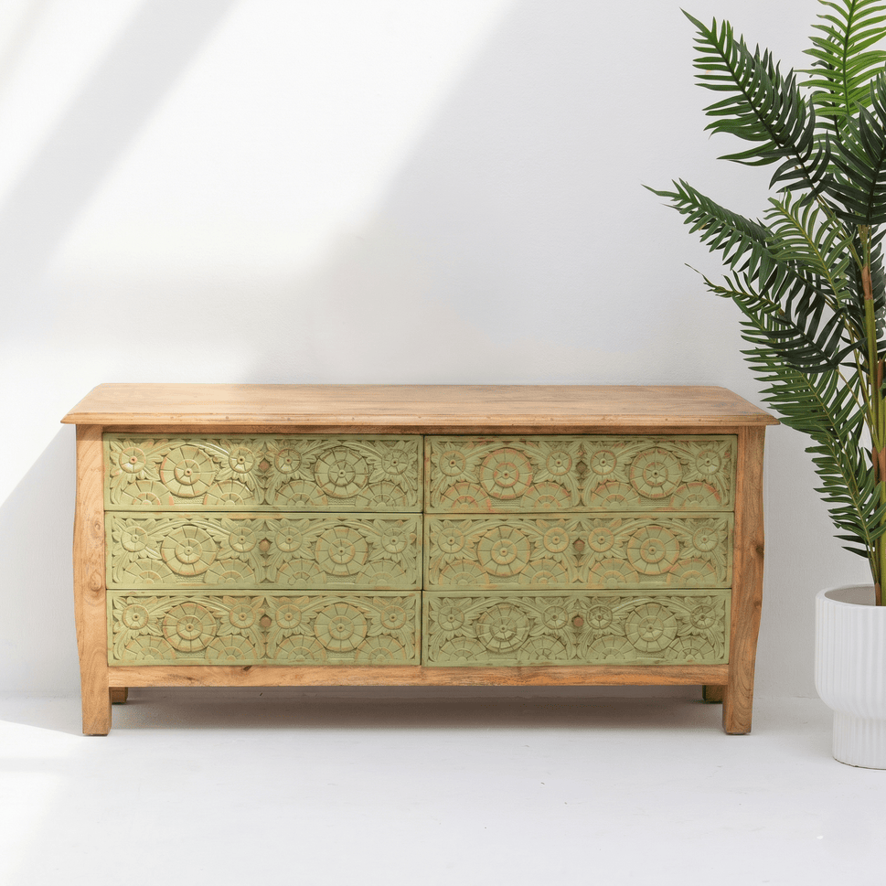 Siena Heritage hand carved chest of drawers with storage with rustic finish
