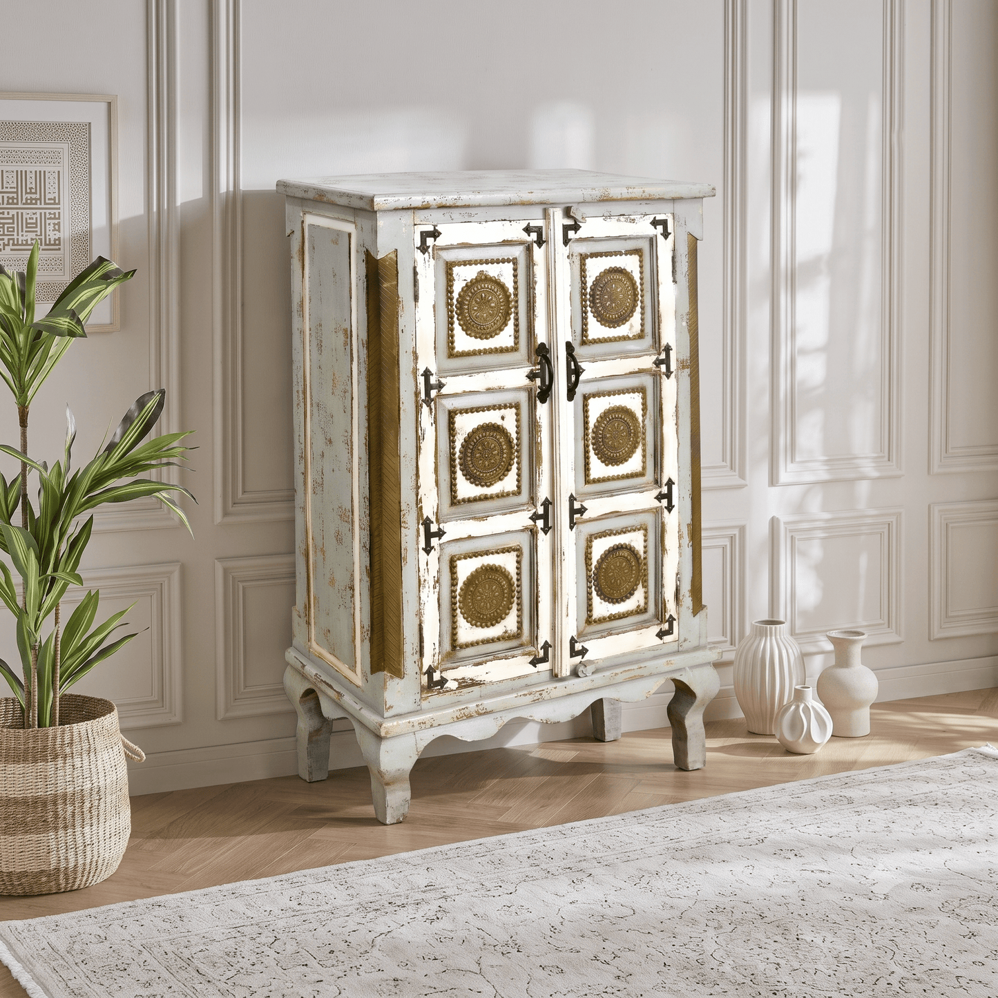 brass medallion wooden cupboard, traditional Indian storage cabinet, artisan-made mango wood cabinet, premium solid wood furniture Dubai, handmade furniture Nadd Al Hamar Dubai, 