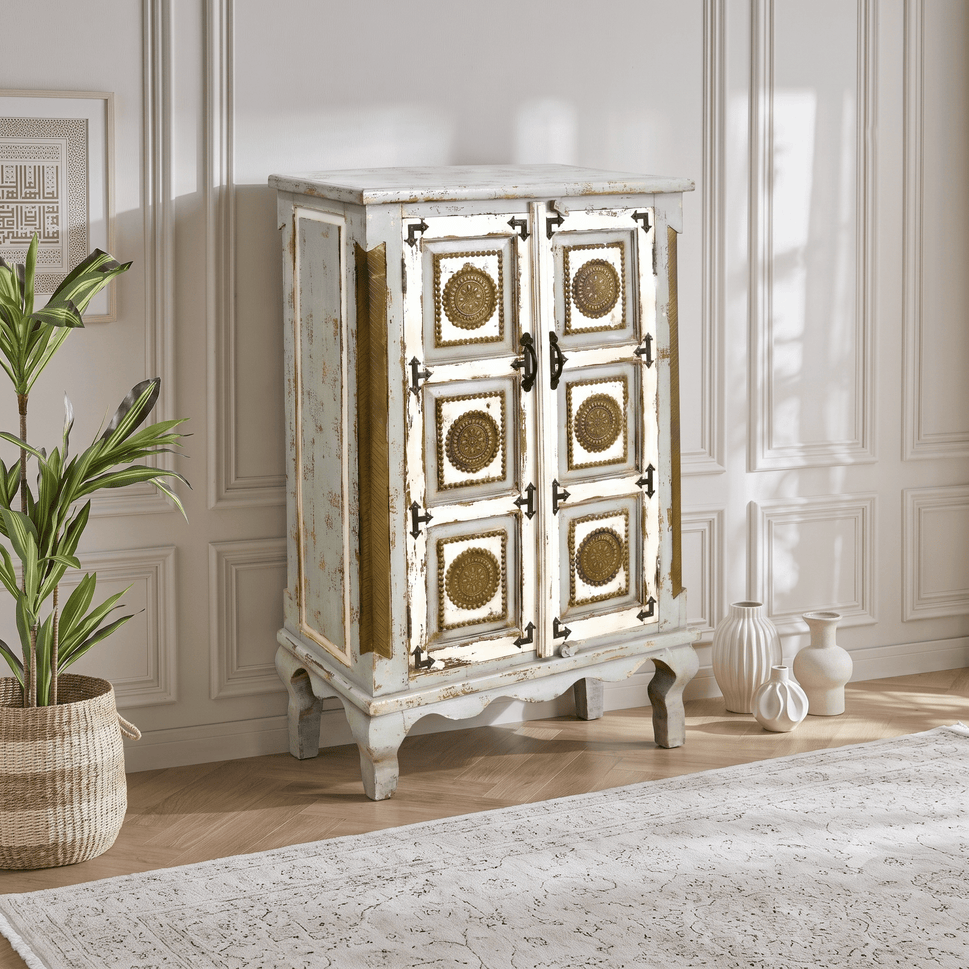 Antique White Rustic Mango Wood Cabinet with brass art work