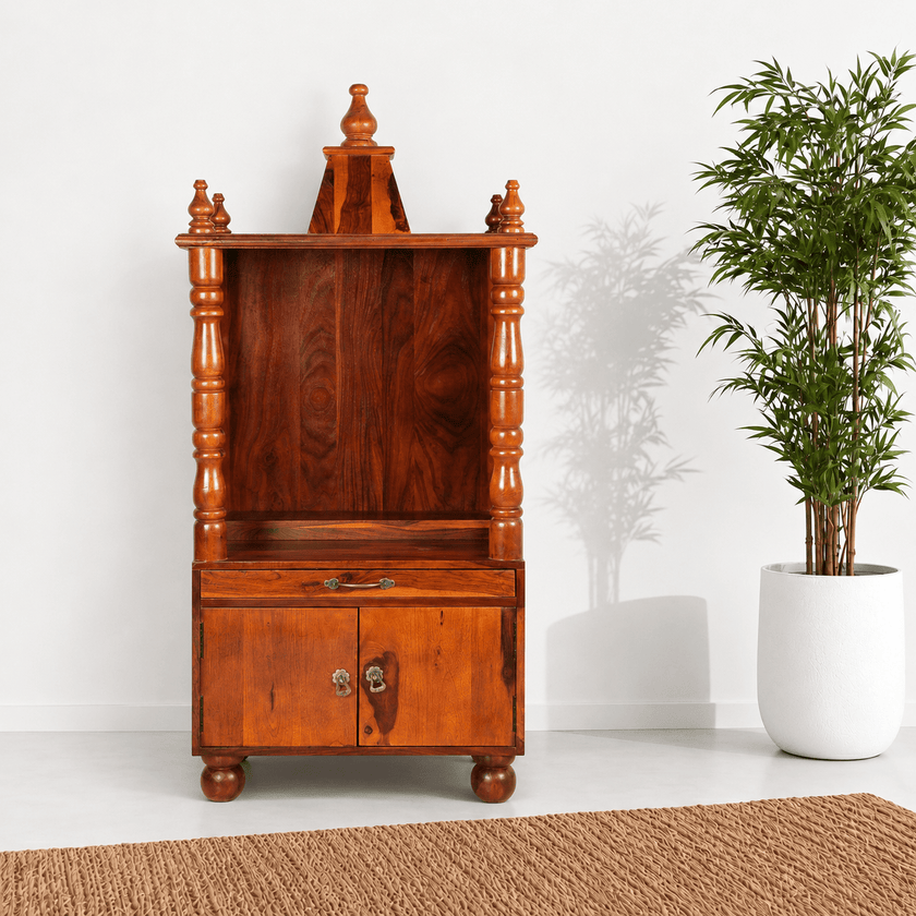 Hardwood hindu pooja cabinet,Long-lasting natural wood structure,Solid wood temple without door,Real wood home mandir with one storage box in UAE,
