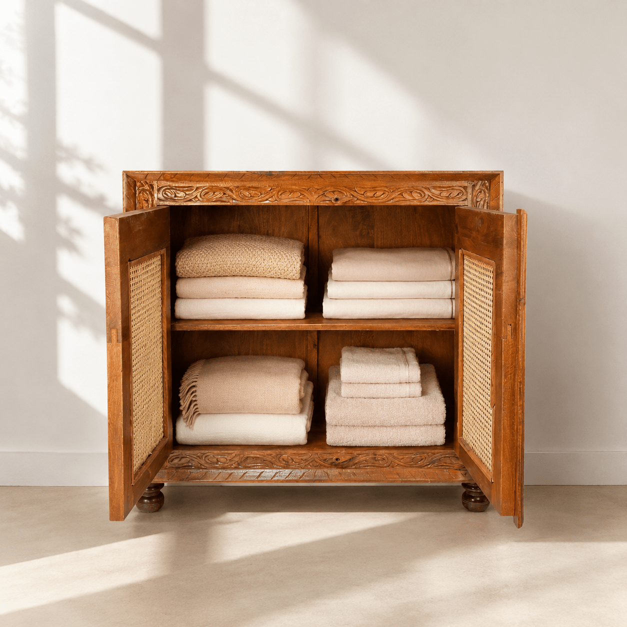 Natural finish Sheesham wood cabinet Ajman, Handcrafted cane wooden storage sideboard Ras Al Khaimah, Luxury cane and wood sideboard Umm Al Quwain, 