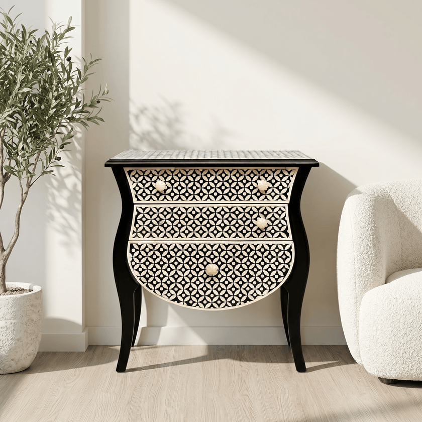 Premium pearl inlay nightstand Dubai, Noir Bloom furniture Abu Dhabi, Bespoke mother of pearl Oman, Artisan bone inlay console UAE, solid wood mother of pearl bed side table,