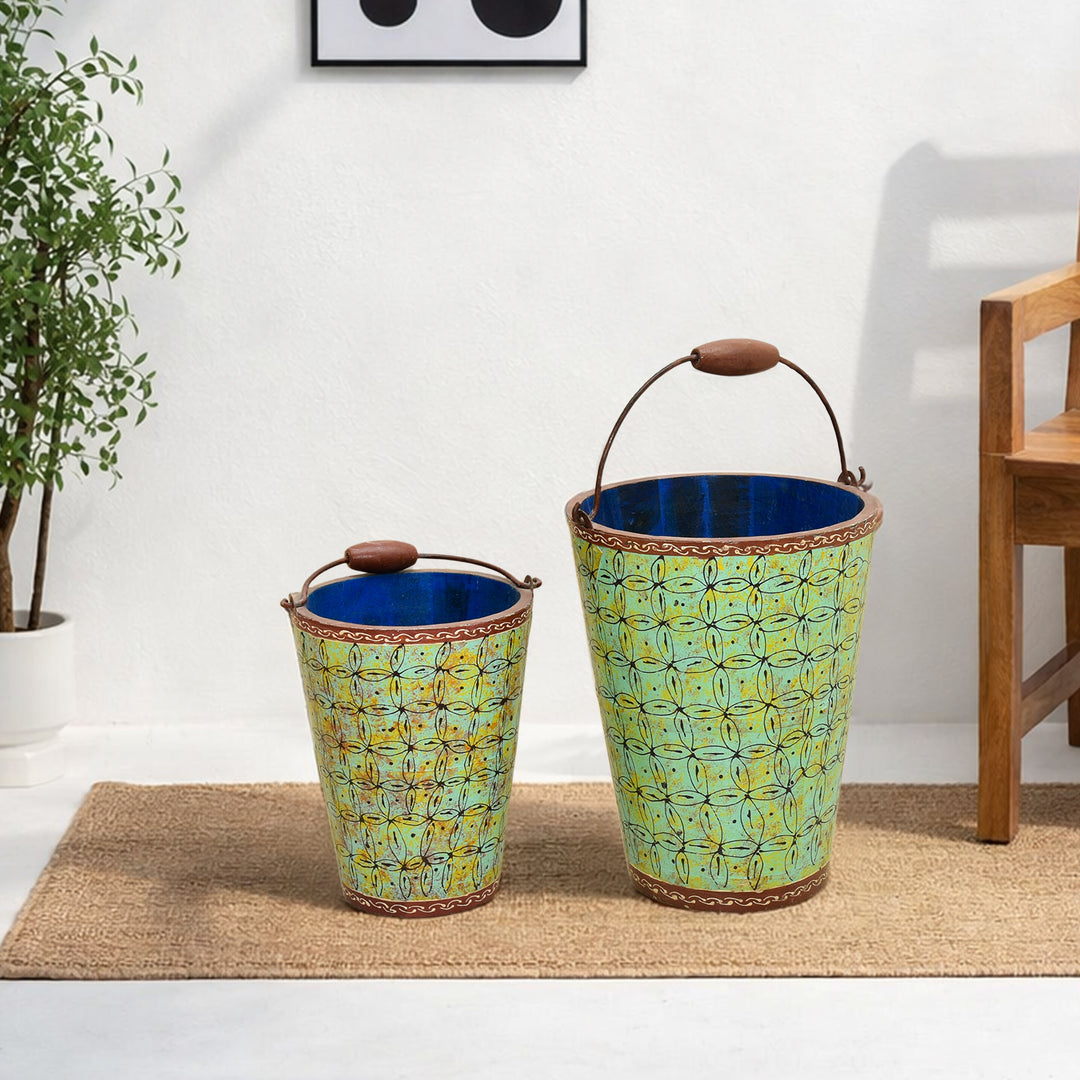 Solid Hardwood Bucket – 2 Pieces Set with Hand Painted Design