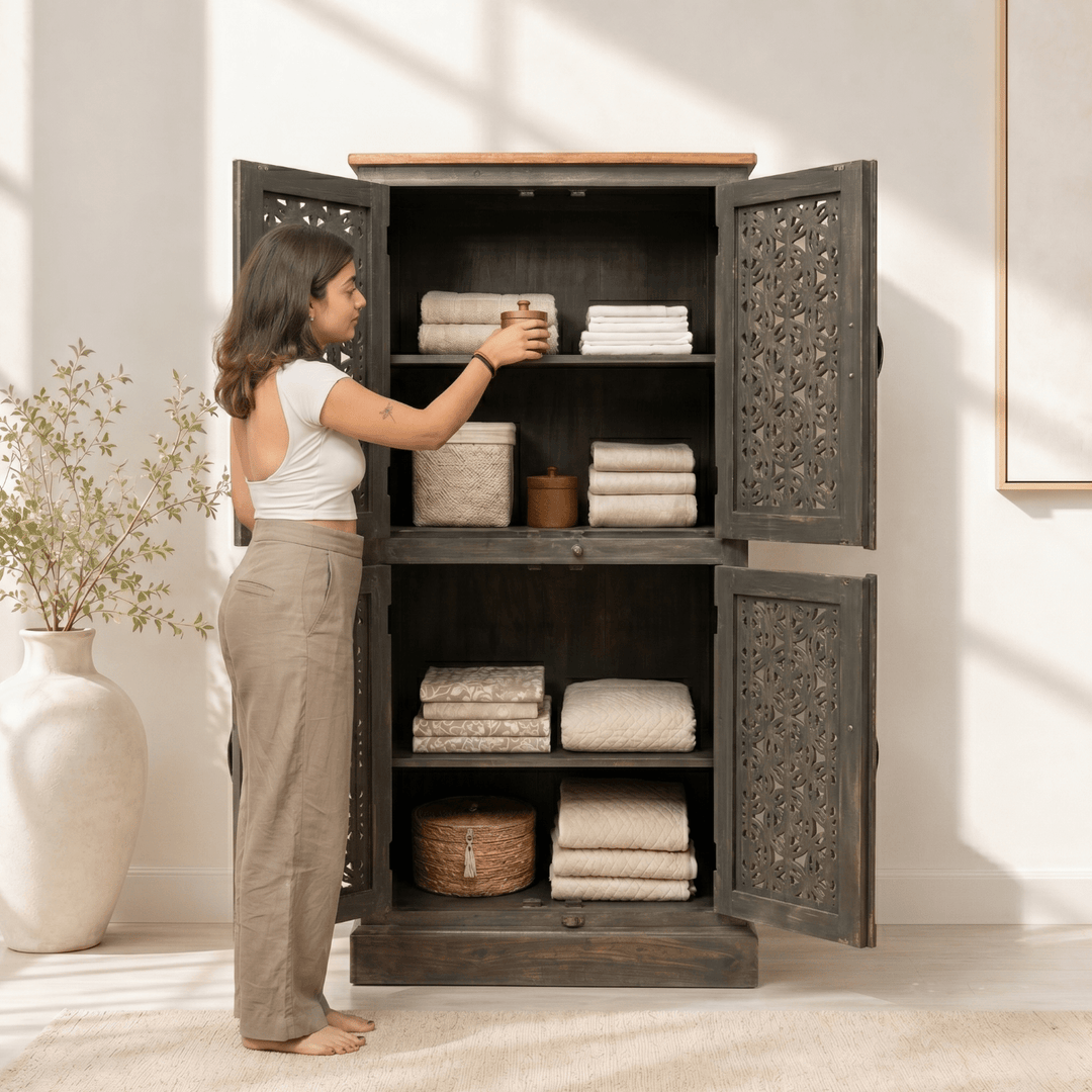 Premium Hand Cut Work hardwood storage Cabinet with antique finish