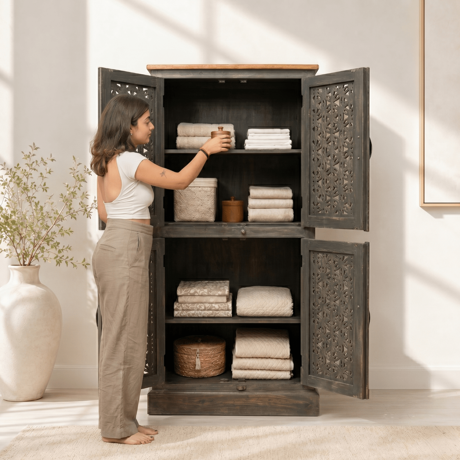 Premium Hand Cut Work hardwood storage Cabinet with antique finish