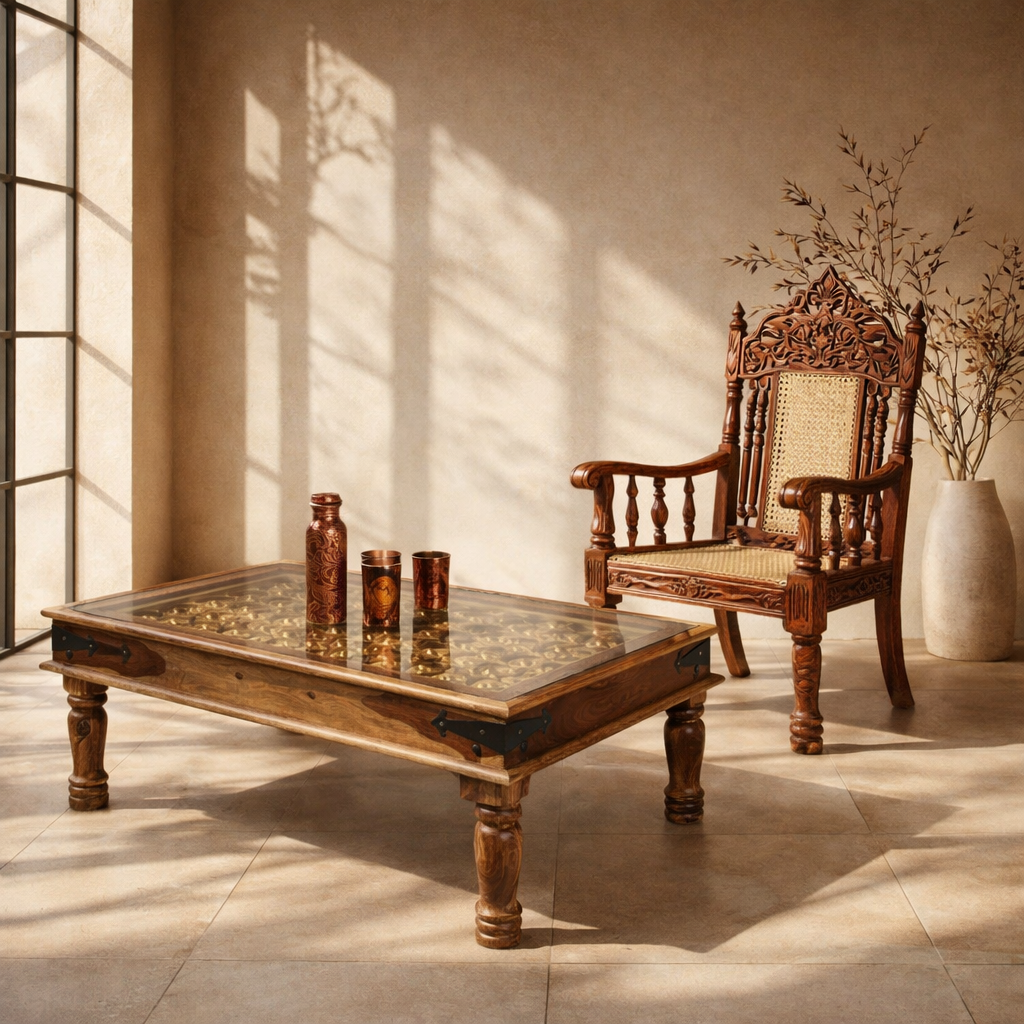 Solid Wood Coffee hand madeTable UAE
Modern Coffee Table with brass top Qatar
Wooden Side Table hand carved Oman