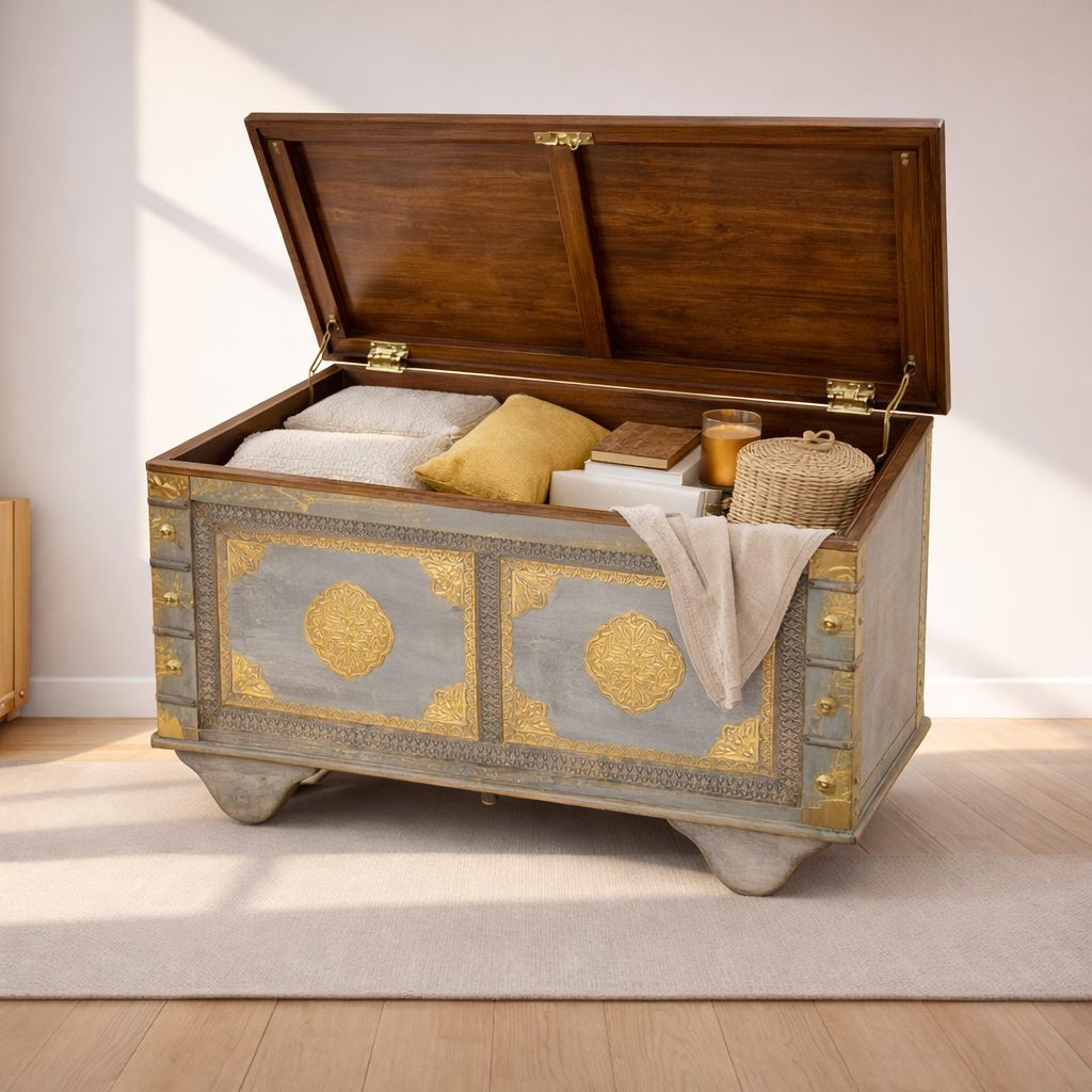 Antique Mango Wood Storage Box Brass Fitted Rusted Finish UAE