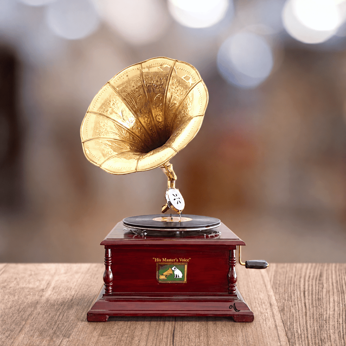 Vintage Gramophone Record Player with Bronze Horn