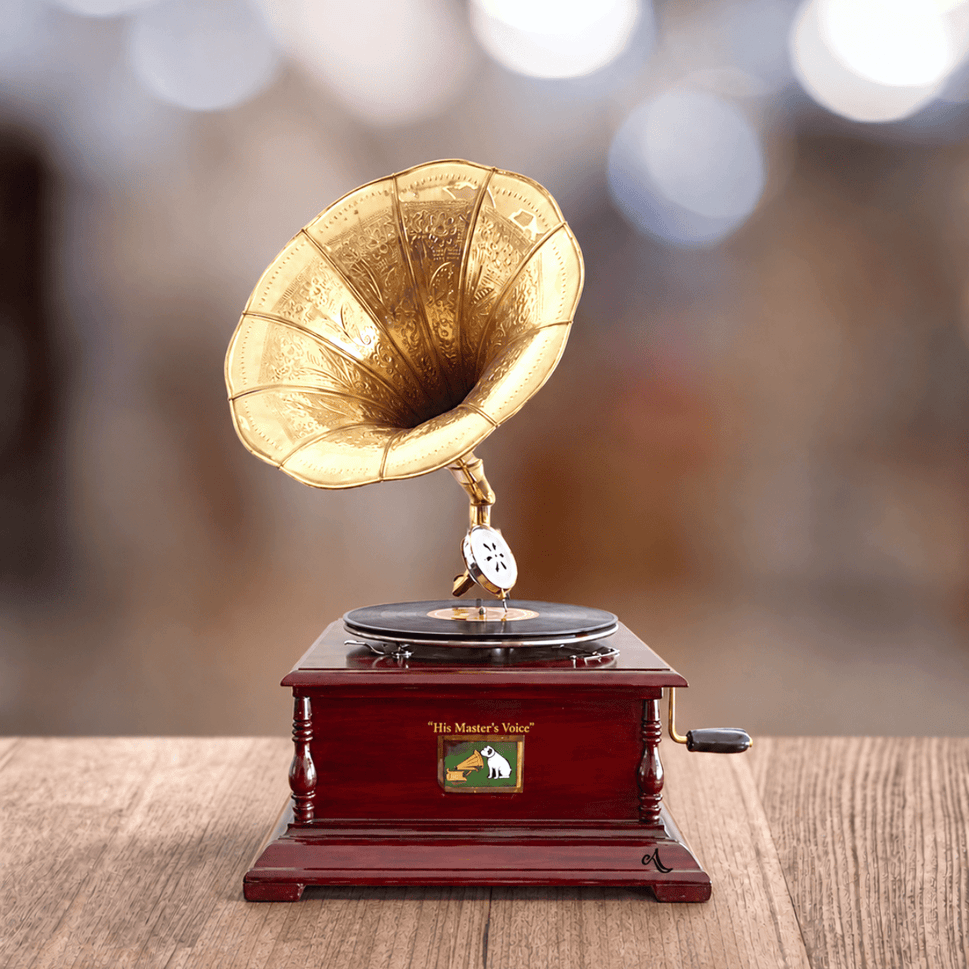 Vintage Gramophone Record Player with Bronze Horn
