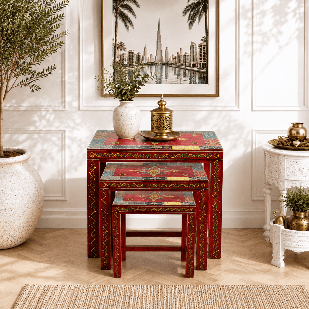 Bohemian Hand-Painted Mango Wood Nesting Tables – 3 Piece