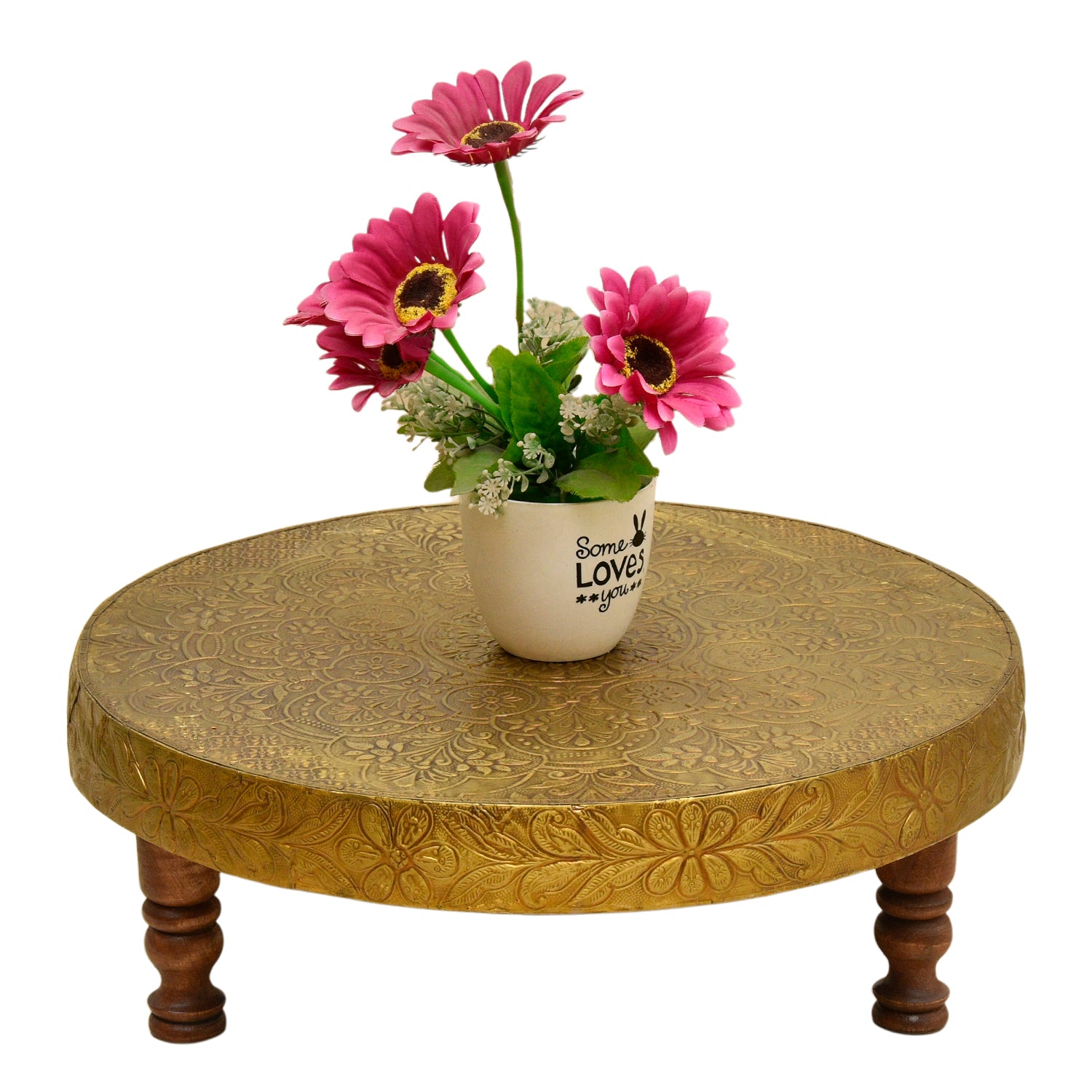 Solid Wood Pooja Chowki with Brass Work