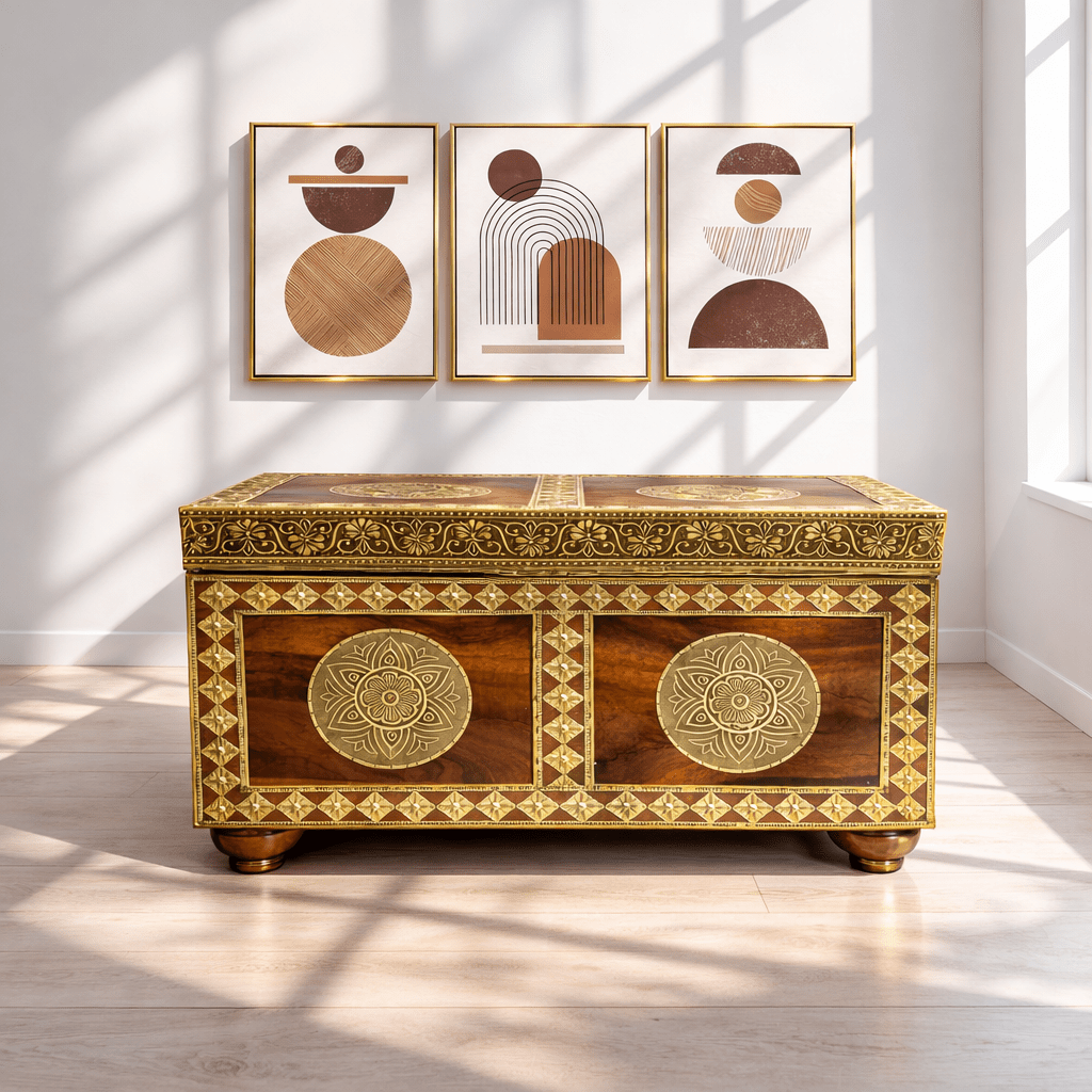 Solid wood rectangular storage trunk with brass fitted work