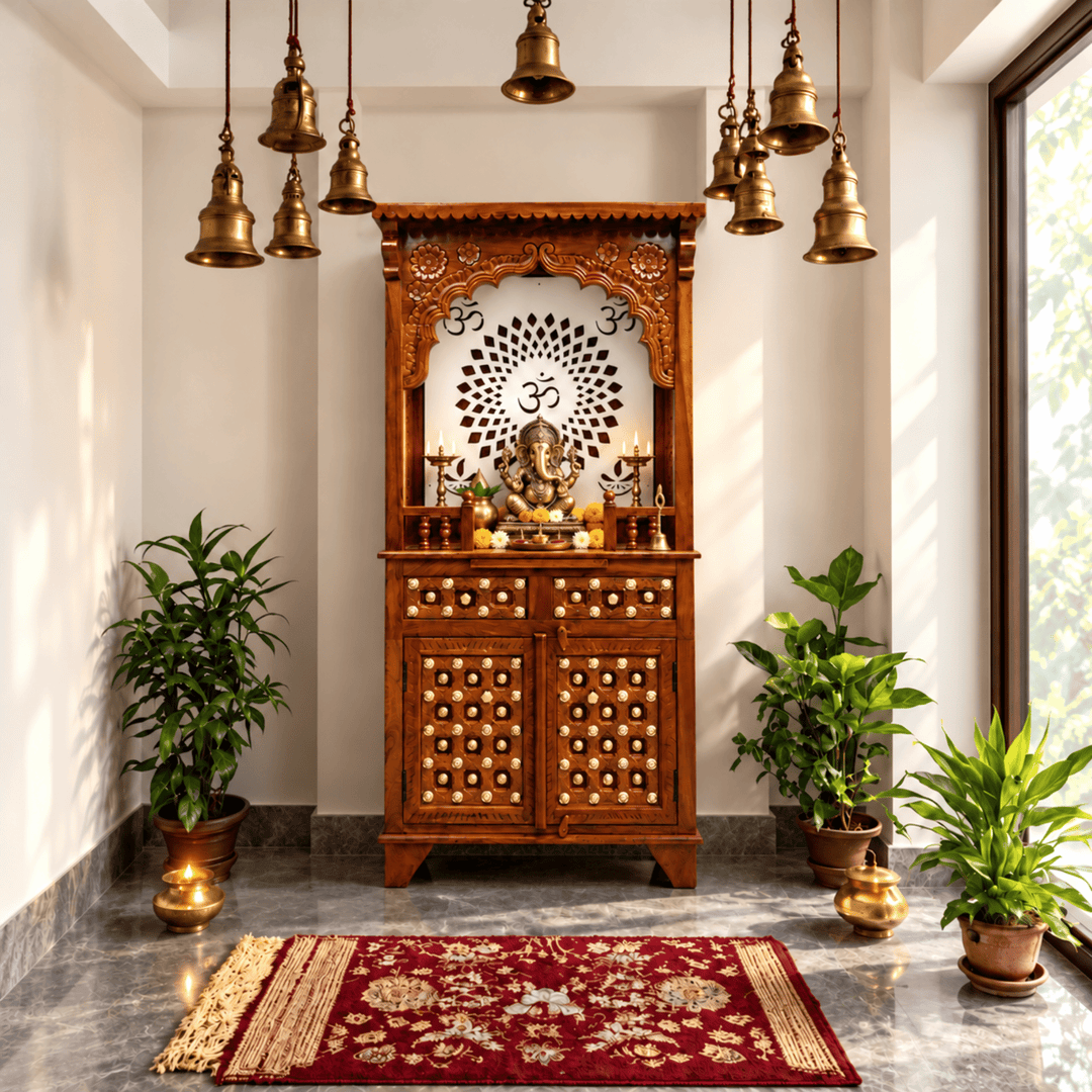 South Indian Classic Mango Wood Home Mandir with Brass Inlay Work