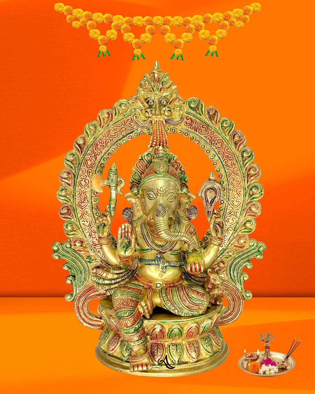 Brass Ganesha Sitting Idol With Meena Work 14X11 inches For Home Decoration