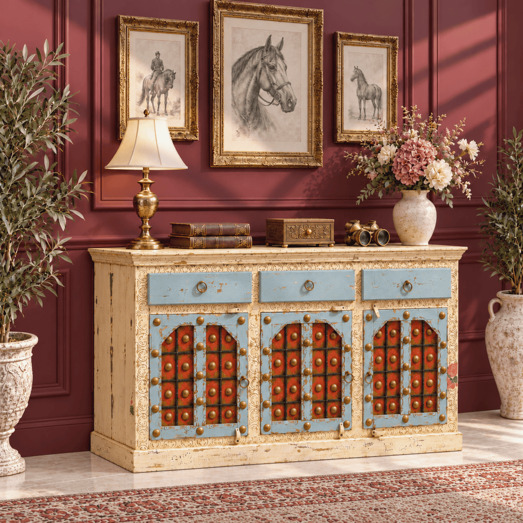 Luxe Boho Hand-Painted vintage Sideboard Cabinet & mirror