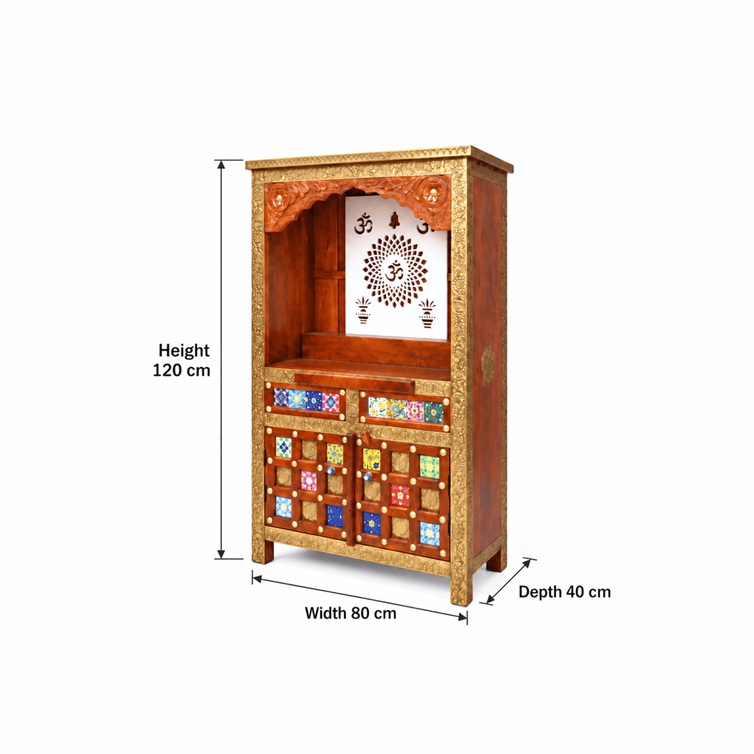 Handmade Mango Wood Temple Cabinet with Om and Diya Cutwork