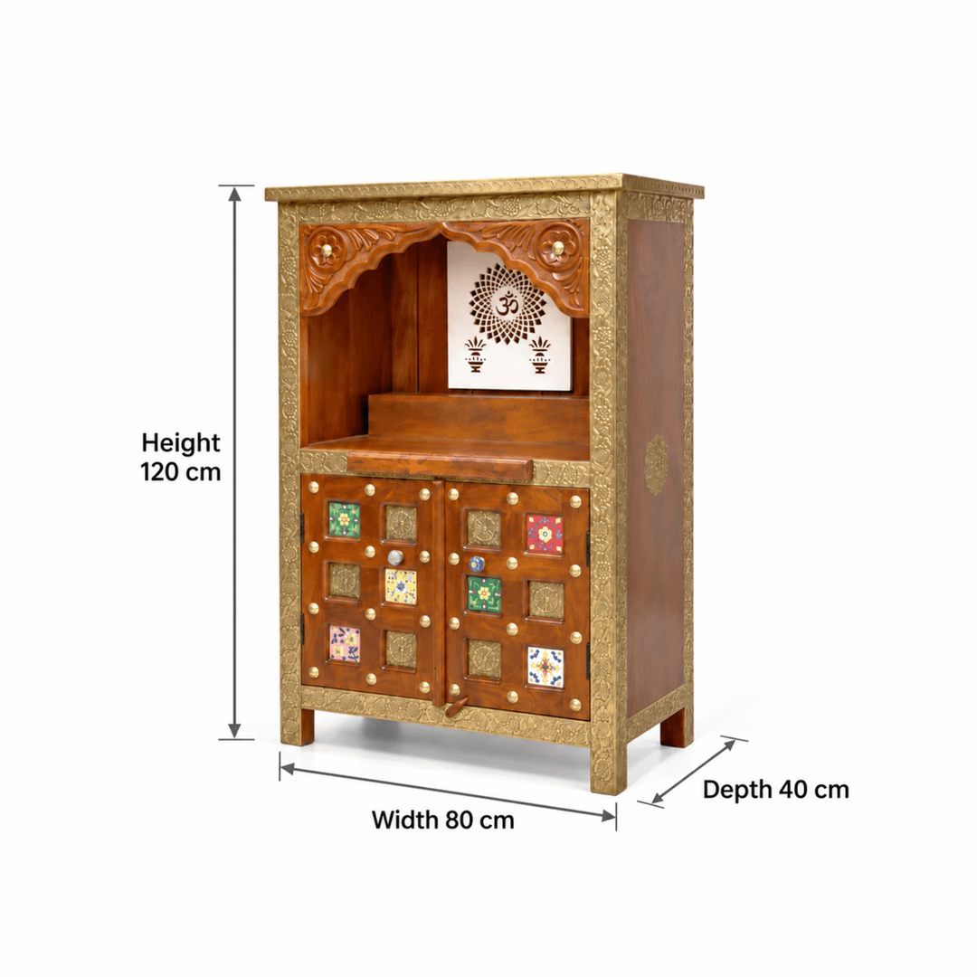 Handmade Mango Wood Temple Cabinet with Om and Diya Cutwork