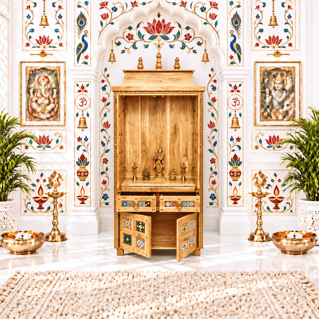 Indian solid Mango wood pooja unit with tiles work with sliding doors