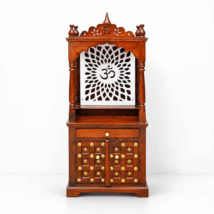 hardwood worship cabinet, natural wood prayer unit, real wood Hindu mandir, premium solid wood temple, handmade hardwood pooja mandir, 