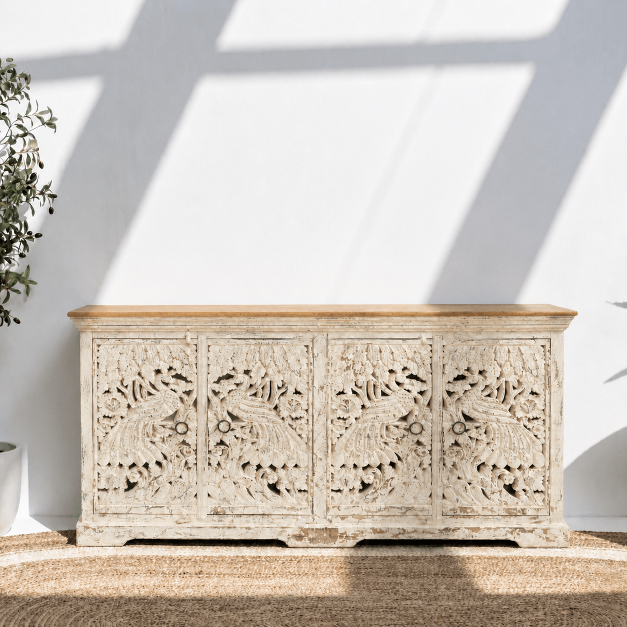 Hand carved solid wood sideboard cabinet storage for home