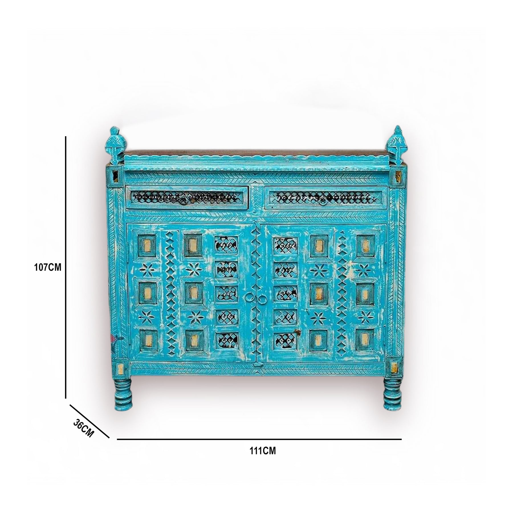 خزانة مصنوعة يدوياً من خشب المانجو الهندي، تحتوي على درجين وبابين، مطلية باللون الأزرق، في دبي 