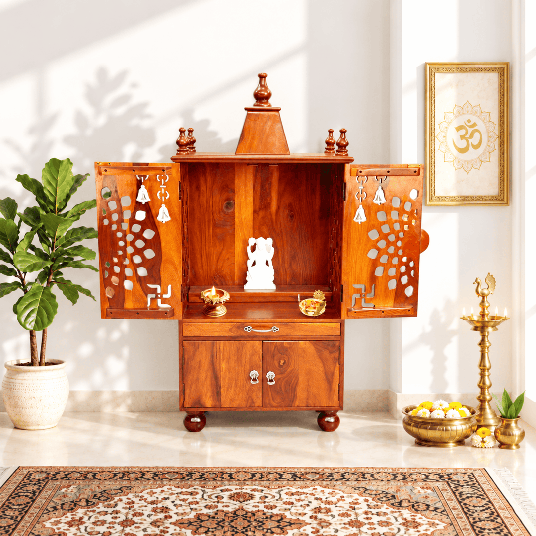 Wooden pooja home temple with door and storage box