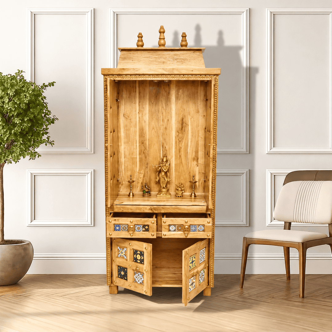 Indian solid Mango wood pooja unit with tiles work with sliding doors