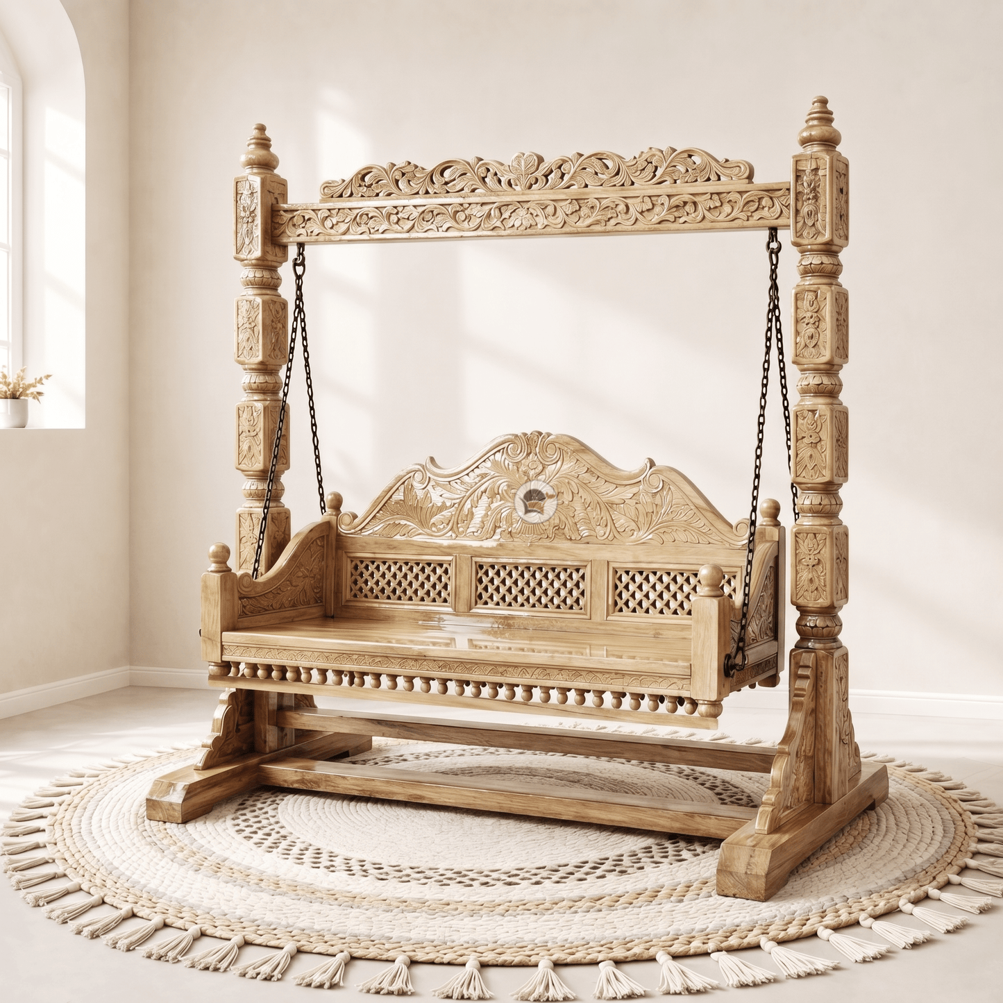 Outdoor wooden swing furniture Fujairah,Hand carved backrest jhula Ras Al Khaimah,Heritage style wooden swing Umm Al Quwain,Handicrafted mango wood swing,Patio solid wood swing,