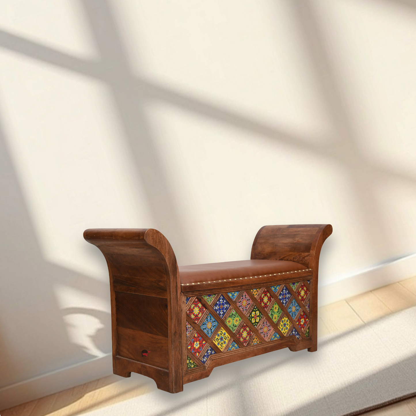 • Handcrafted wooden settee with tile inlay
• Taditional sheesham wood seating bench
• Entryway wooden storage settee UAE