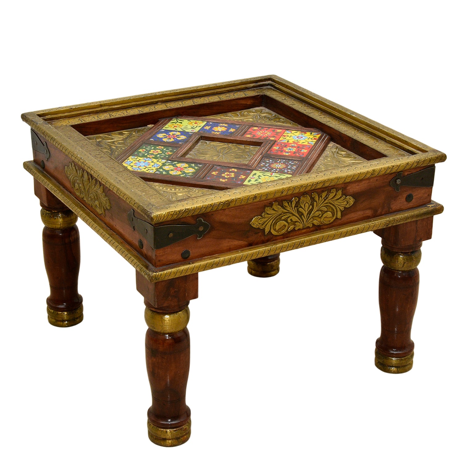 Solid Wood Sheesham Side Table with Brass Work | Luxury Sheesham Table UAE