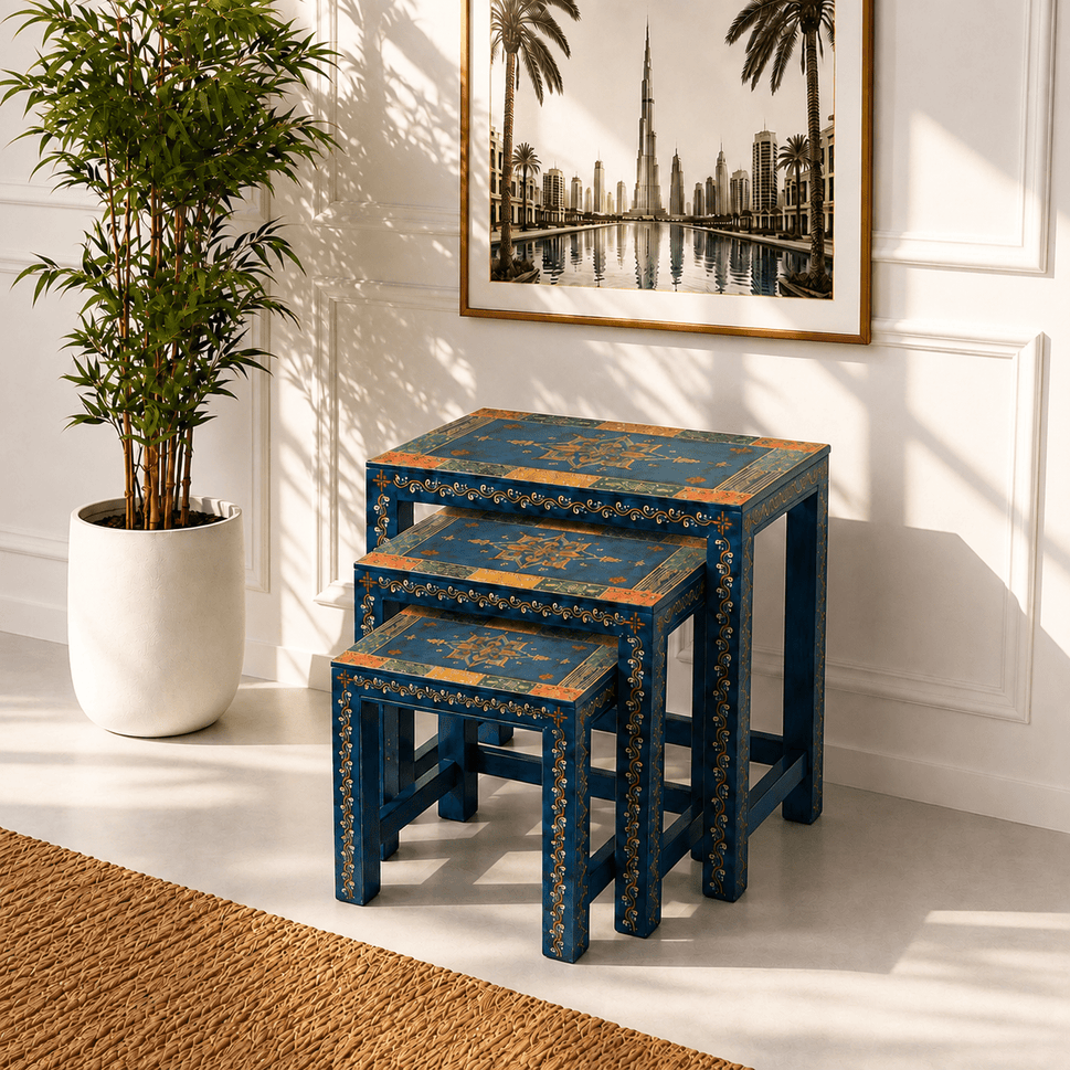 Multicolor blue handcrafted nesting tables set of 3 pieces