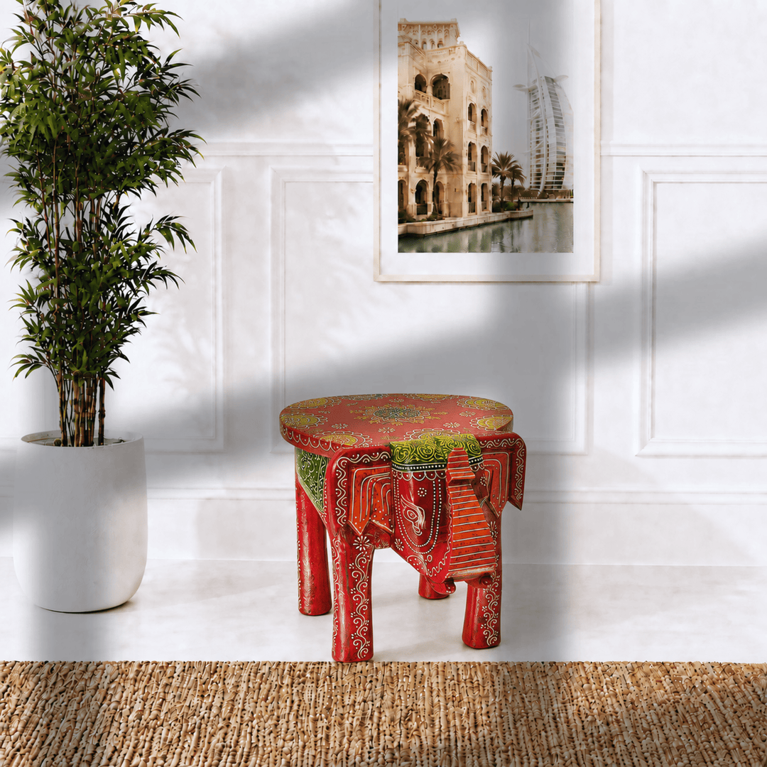 Traditional Elephant-Shaped Wooden Stool and Table