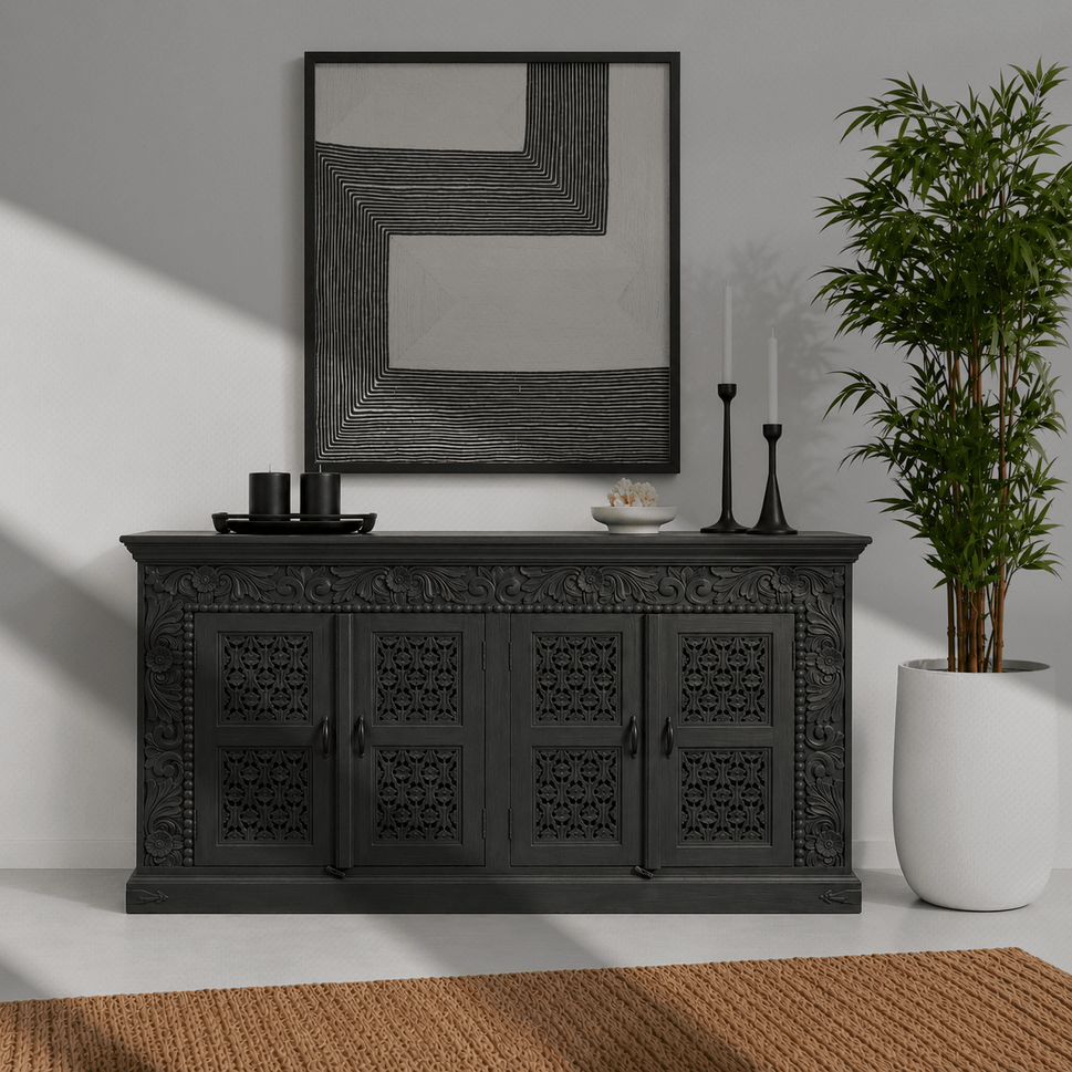 Noir Haveli Mango Wood side buffet Cabinet with Hand Carving