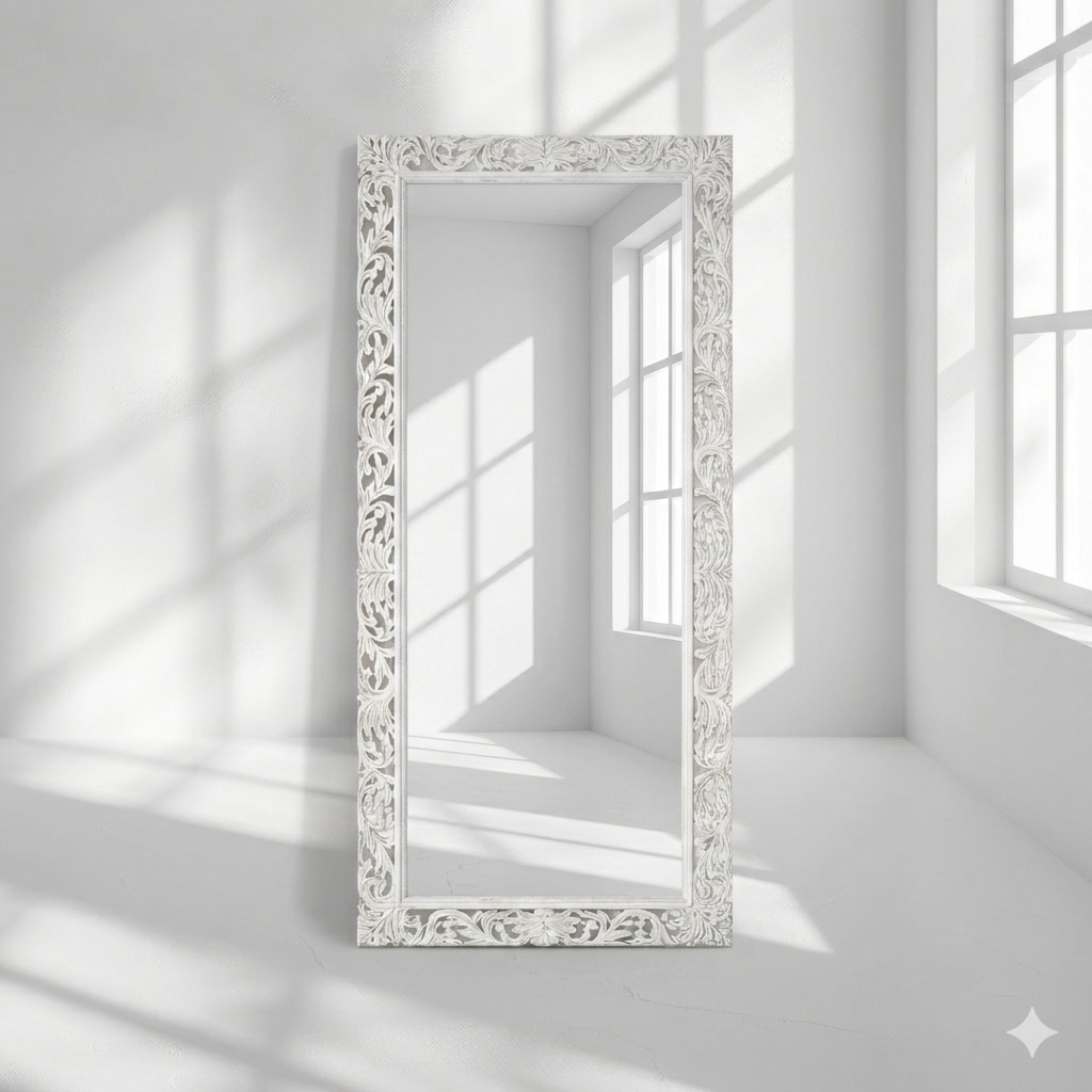 Vintage hardwood mirror frame Oman, Wooden cutwork mirror frame with white finish Saudi Arabia
