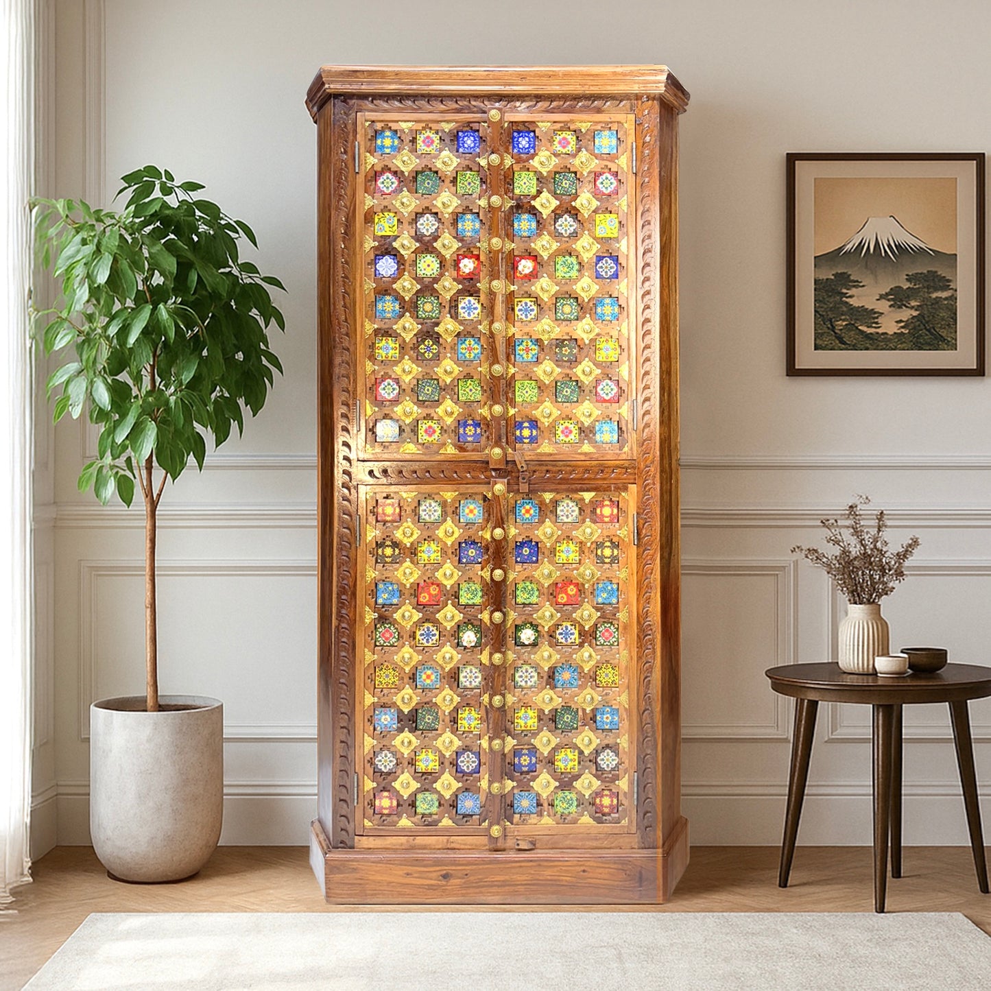 Hand engraved brass wooden cabinet
Natural wood polish storage cabinet