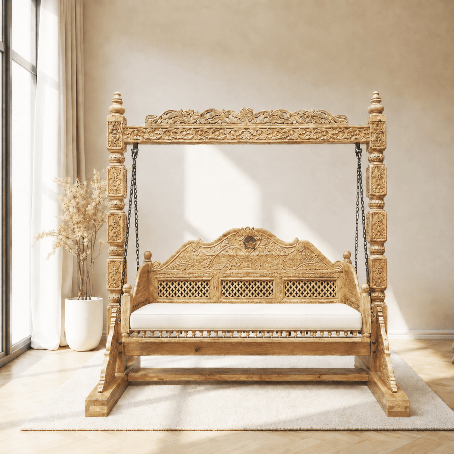 Hand carving work mango wood jhula,Real wood jhula,real solid wood swng,Clasic style premium wood swing,3 seater hand carved swing,Tradional Indian jhula solid wood,Hardwood hanging bench,