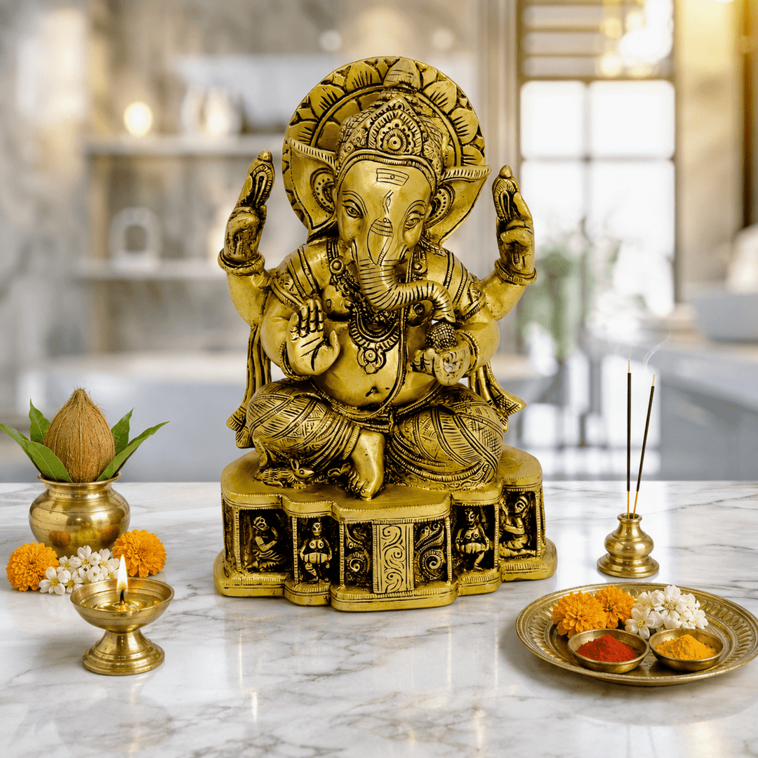 Brass Sitting Ganesha With Golden Brass With Super Fine Hand Work 9.5 Inches Tall