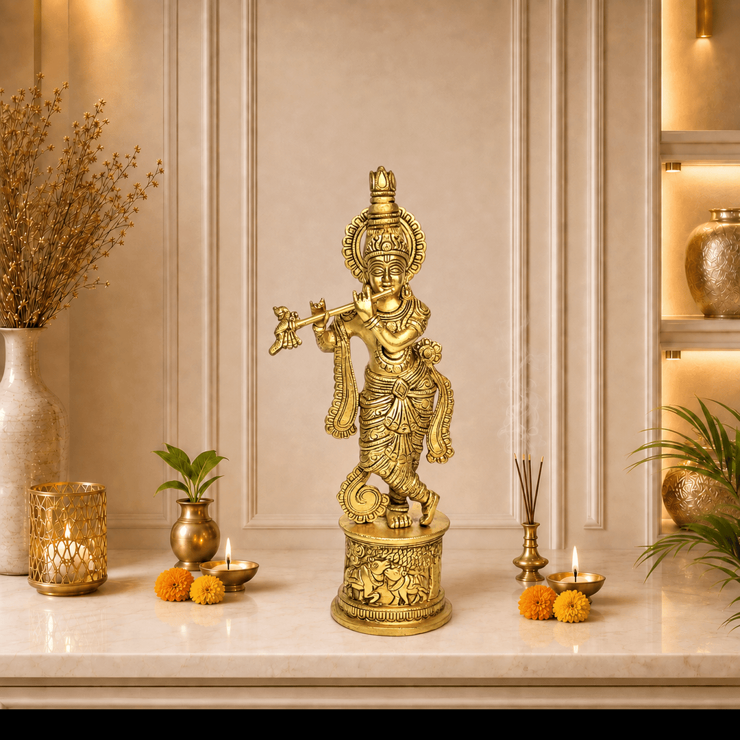 Divine Brass Krishna Flute Statue – Intricate Handmade Carving