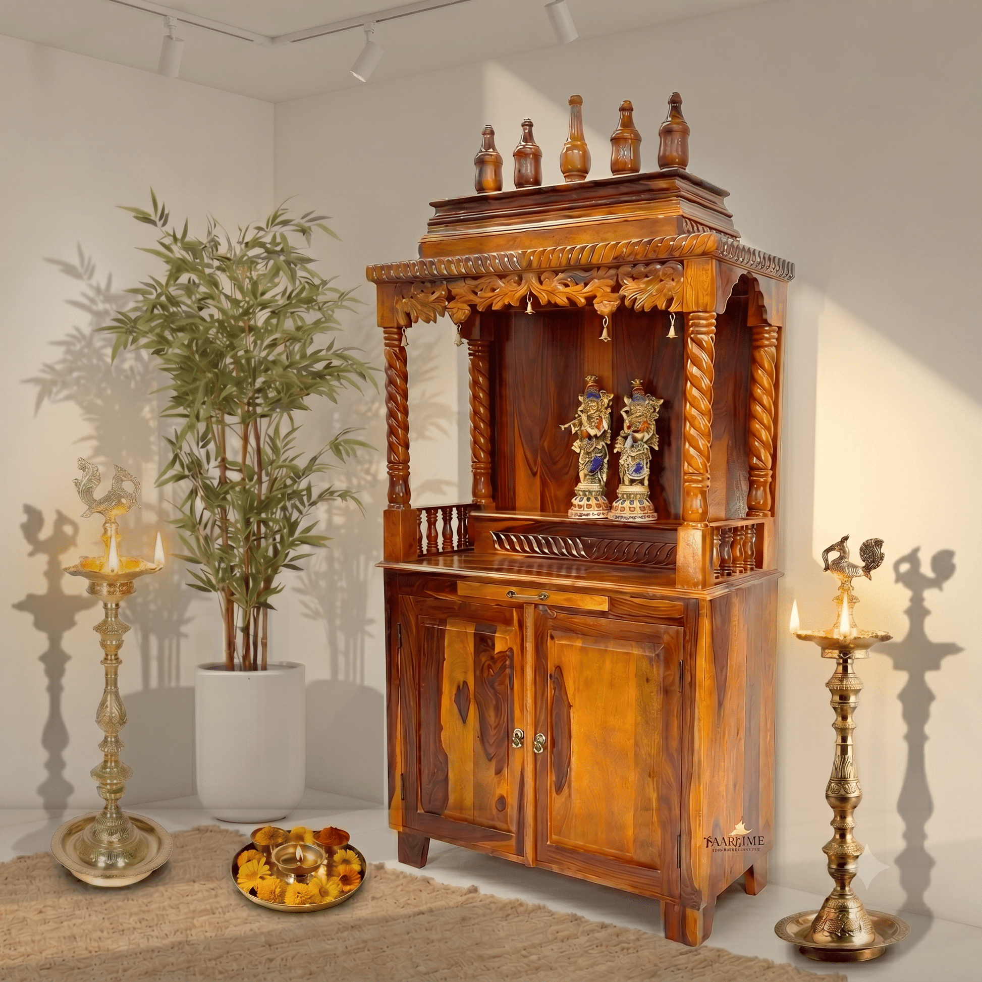 Large Wooden Home Mandir Temple with Storage Cabinet