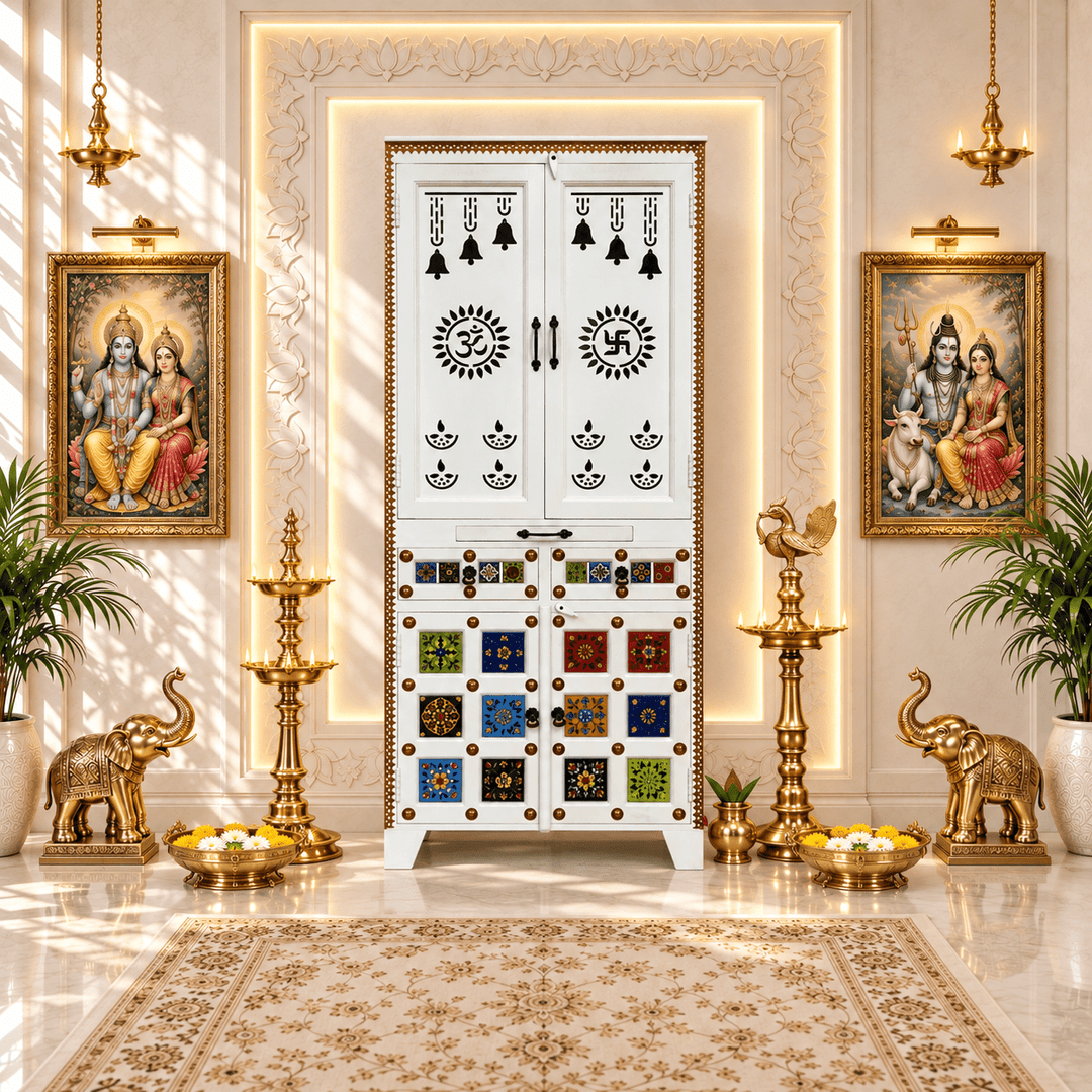 Pooja Temple with white color with tiles fitted